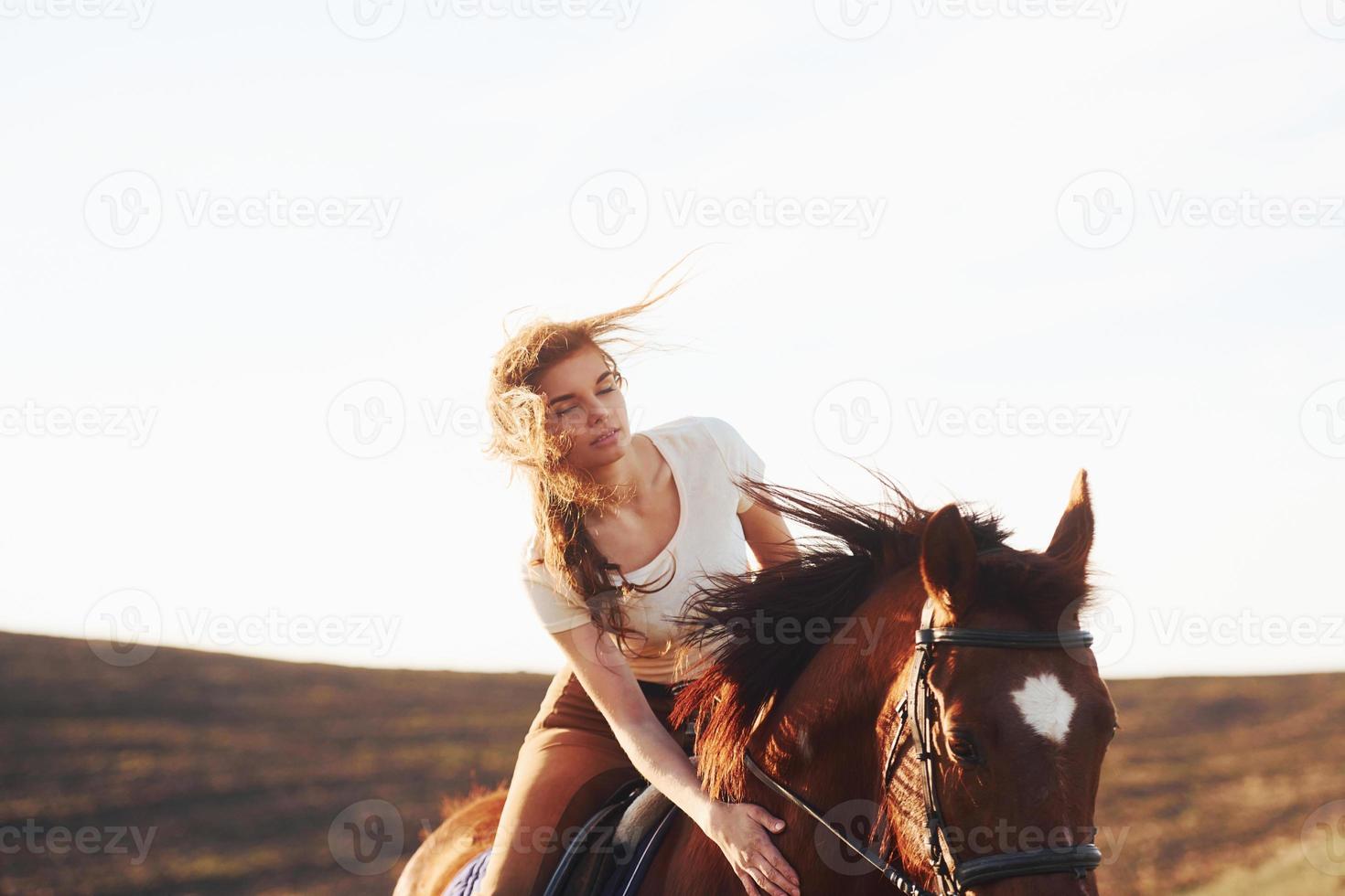 jovem de chapéu protetor com seu cavalo no campo agrícola durante o dia ensolarado foto