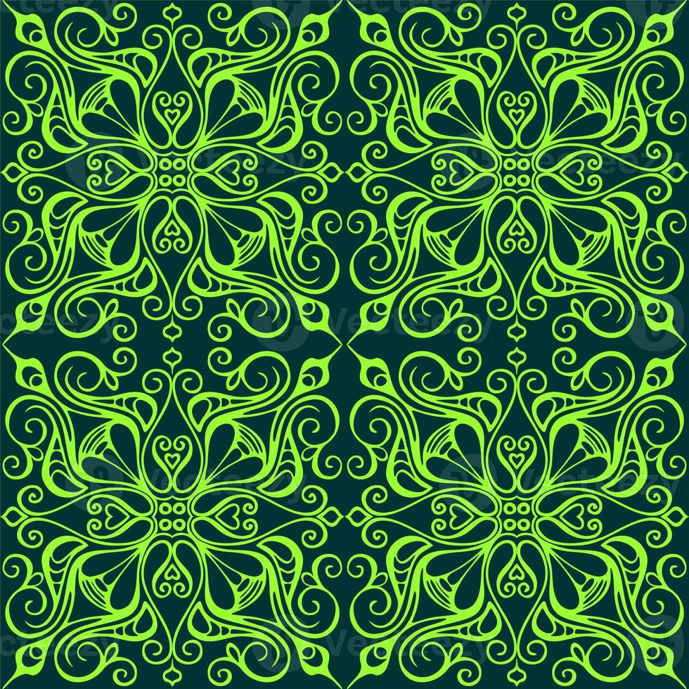 padrão gráfico sem costura, azulejo de ornamento floral verde-oliva em fundo verde escuro, textura, design foto