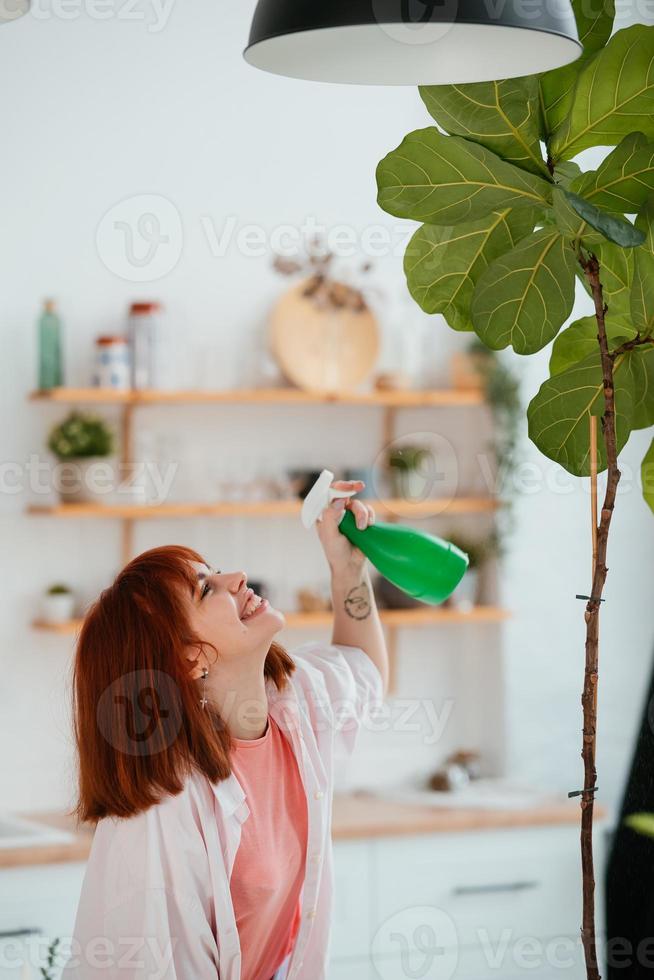 mulher pulverizando água em plantas de casa em vasos de flores por pulverizador. foto