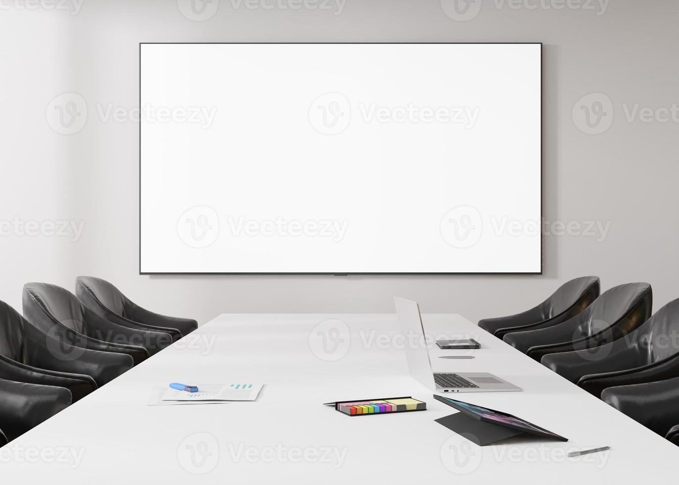 sala de conferências com tela de tv em branco e vazia. monitor simulado. sala de reuniões de negócios com tela lcd para apresentação, publicidade. escritório moderno e contemporâneo. livre, copie o espaço, modelo. renderização 3D foto