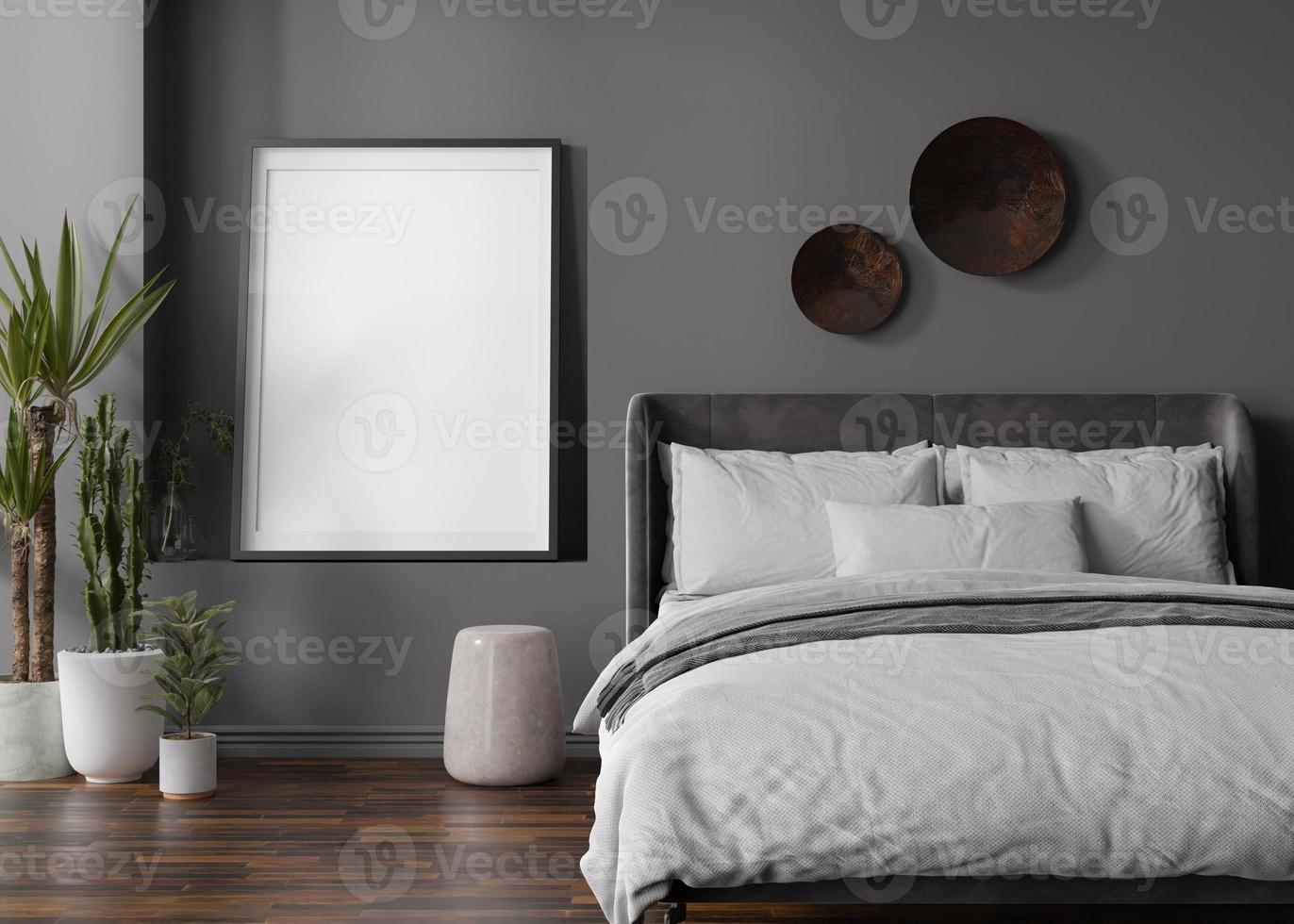 moldura vertical vazia na parede cinza no quarto moderno. mock up interior em estilo contemporâneo. livre, copie o espaço para sua foto. cama, plantas. renderização 3D. foto