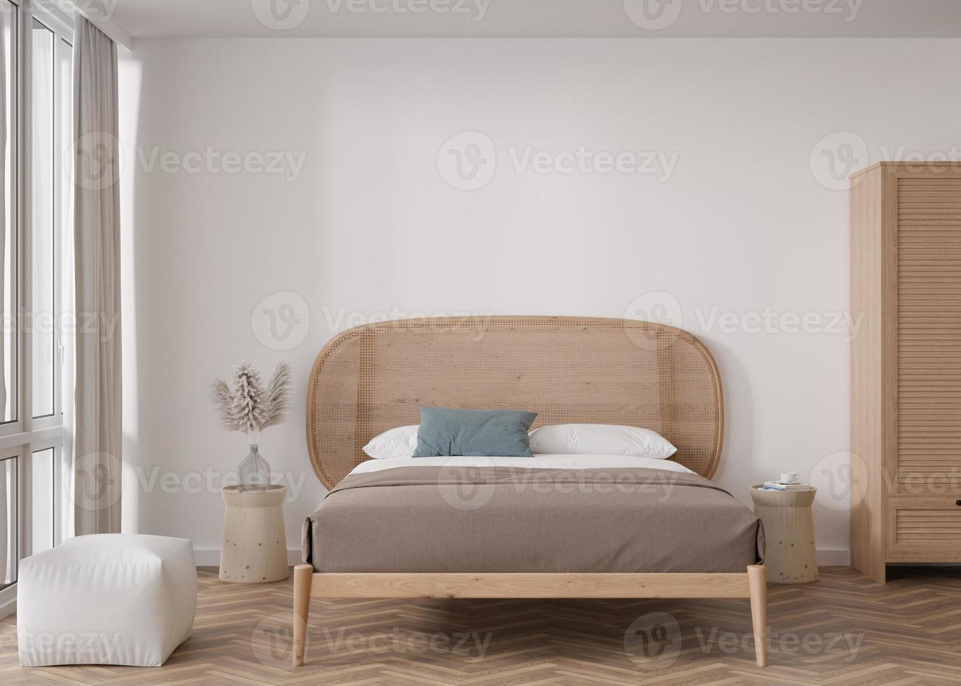 parede branca vazia no quarto moderno. mock up interior em estilo boho escandinavo. livre, copie o espaço para sua foto, texto ou outro design. cama, capim dos pampas. renderização 3D. foto