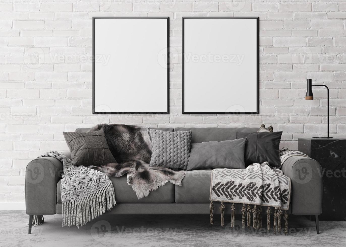 duas molduras verticais vazias na parede de tijolo branco na moderna sala de estar. mock up interior em estilo contemporâneo. espaço livre para foto, pôster. sofá, consola, candeeiro. renderização 3D. foto
