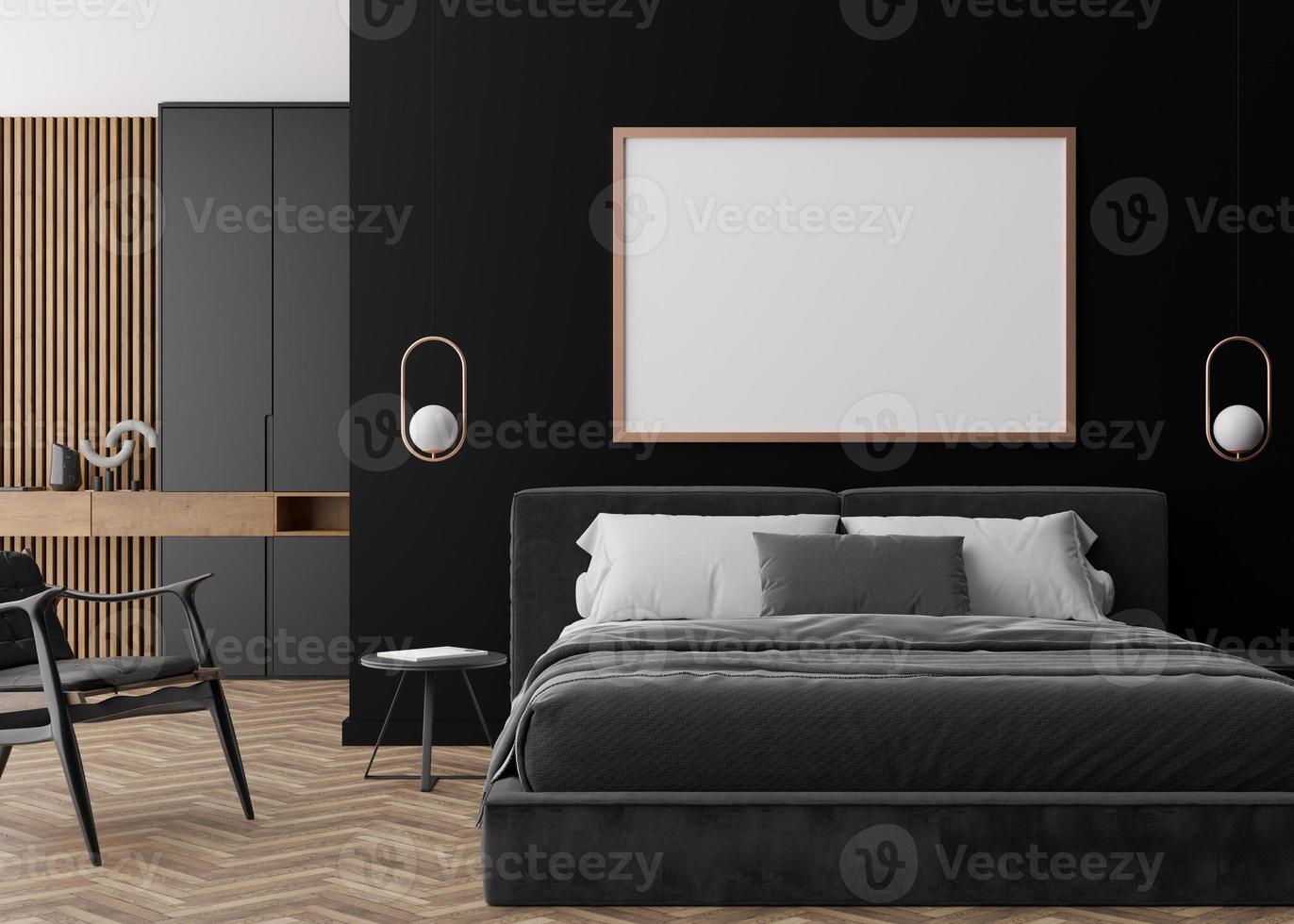 moldura vazia na parede preta no quarto moderno. mock up interior em estilo contemporâneo. livre, copie o espaço para sua foto, cartaz. cama, poltrona, guarda-roupa, luminárias. renderização 3D. foto