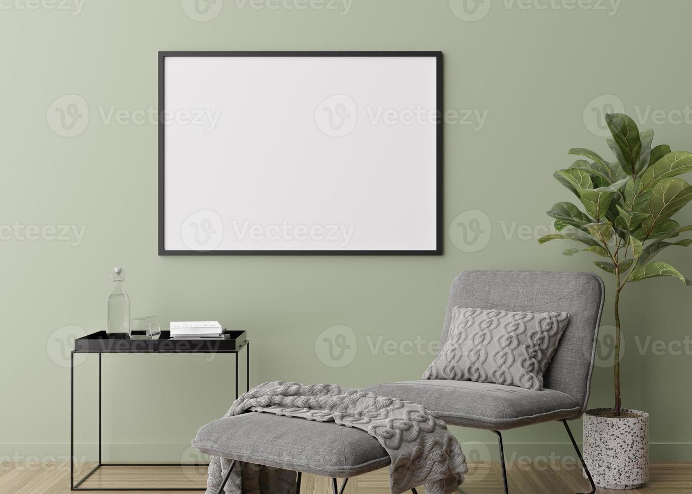 moldura horizontal vazia na parede verde na moderna sala de estar. mock up interior em estilo contemporâneo. livre, copie o espaço para sua foto, cartaz. poltrona, planta, piso em parquet. renderização 3D. foto