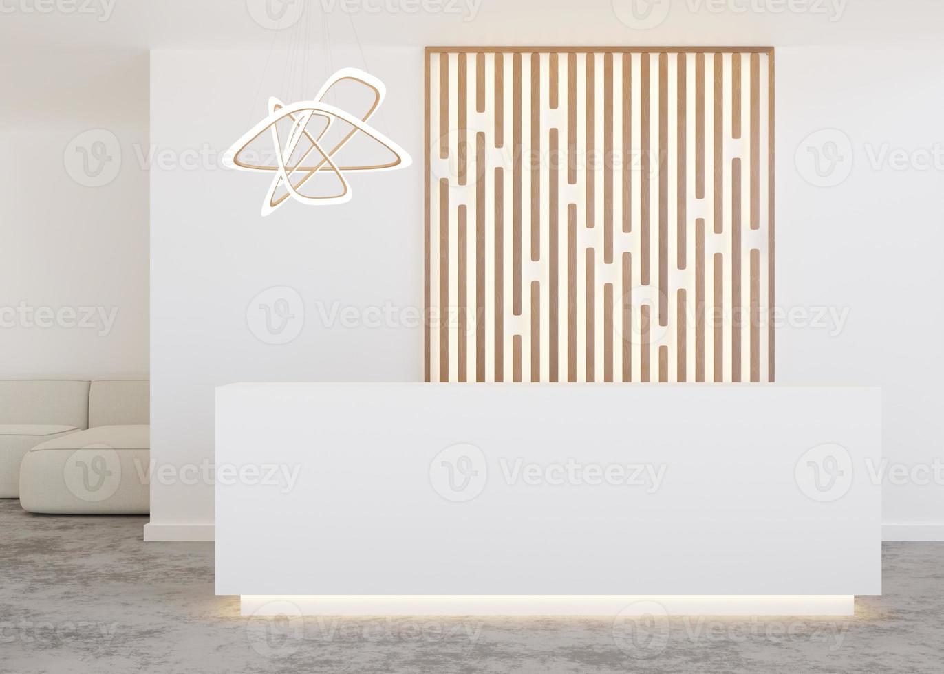 balcão de recepção branco na sala moderna com paredes brancas. mesa de registro em branco no hotel, spa ou escritório. recepção simulada com espaço de cópia para branding, logotipo. estilo contemporâneo. renderização 3D. foto