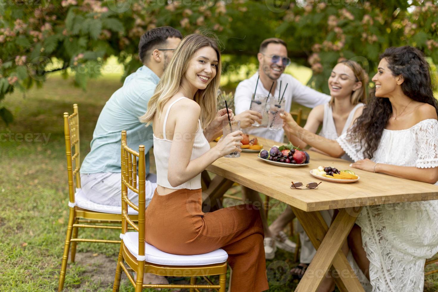 grupo de jovens felizes torcendo com limonada fresca e comendo frutas no jardim foto
