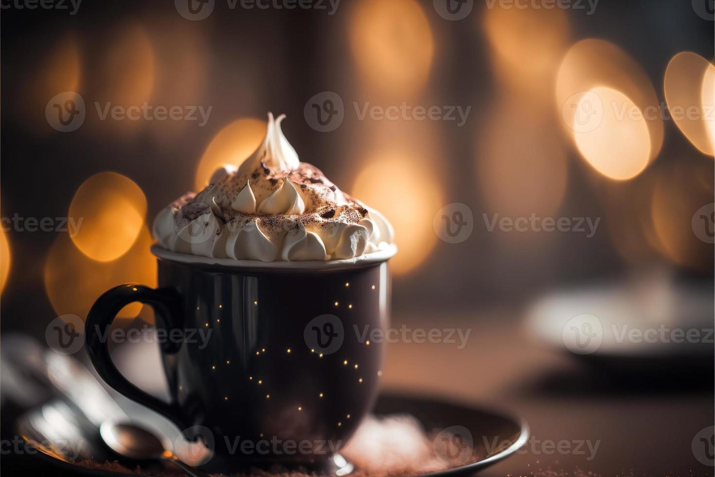 chocolate quente no café na época do natal com bela bebida temperada quente de bokeh dourado foto