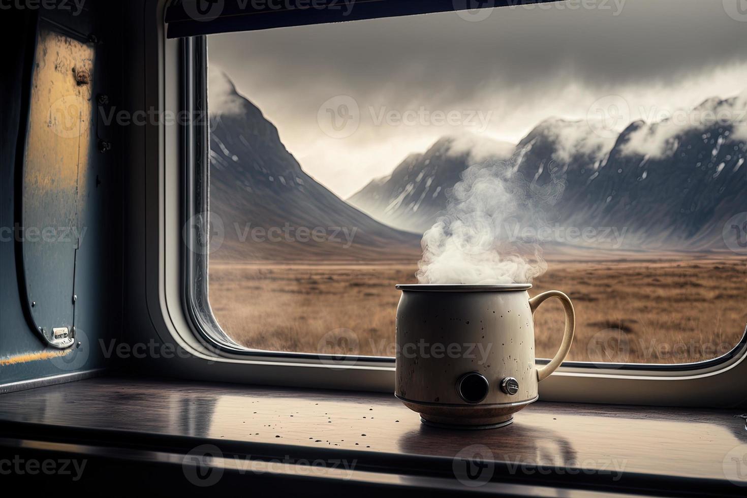 xícara fumegante de café no parapeito da janela de uma caravana - vida de van e vida lenta foto