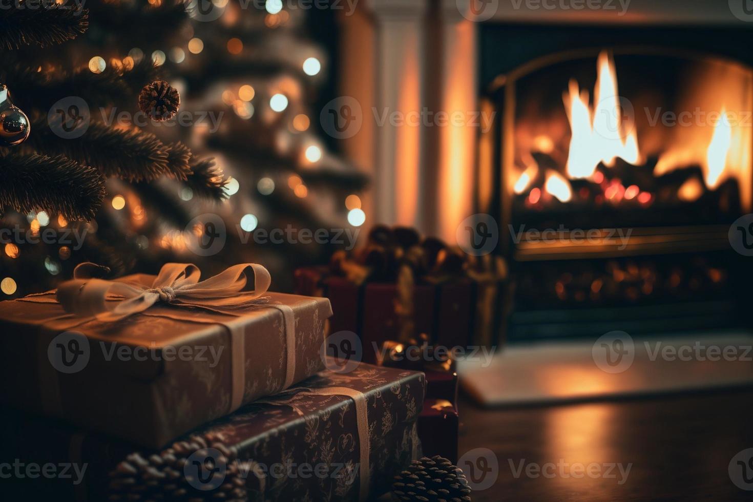 presentes de natal junto à lareira na véspera de natal com lindas decorações de natal foto