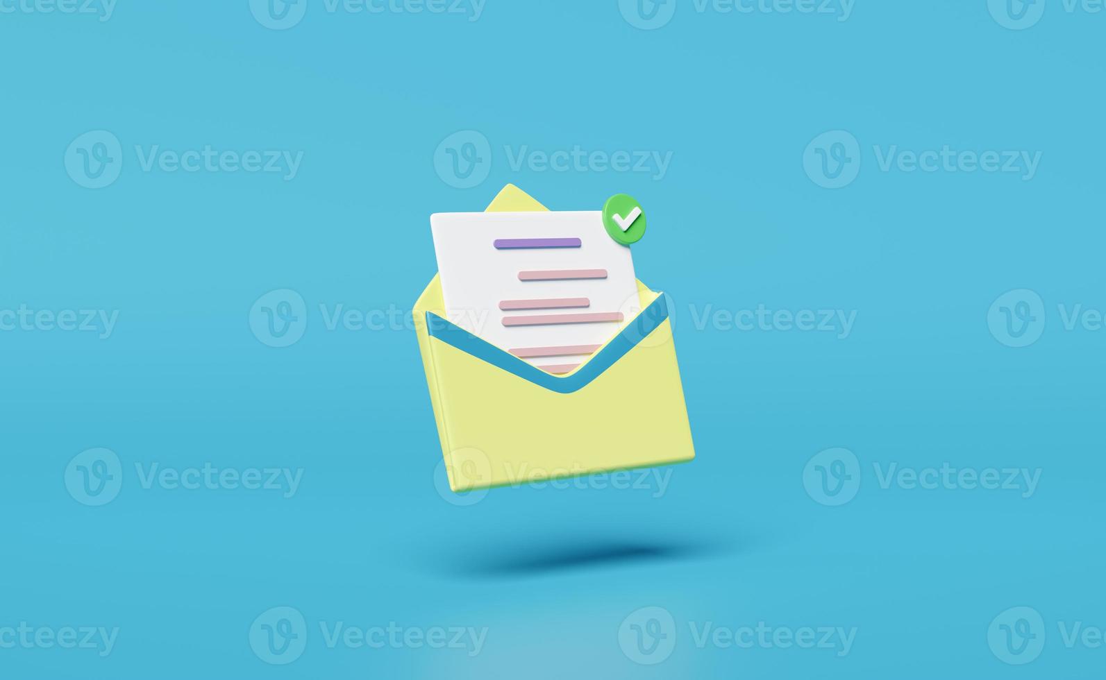 Envelope aberto amarelo 3D, ícone de carta com mensagem de notificação, marca de seleção isolada em fundo azul. newsletter de notificação mínima, conceito de e-mail de entrada on-line, ilustração de renderização 3D foto