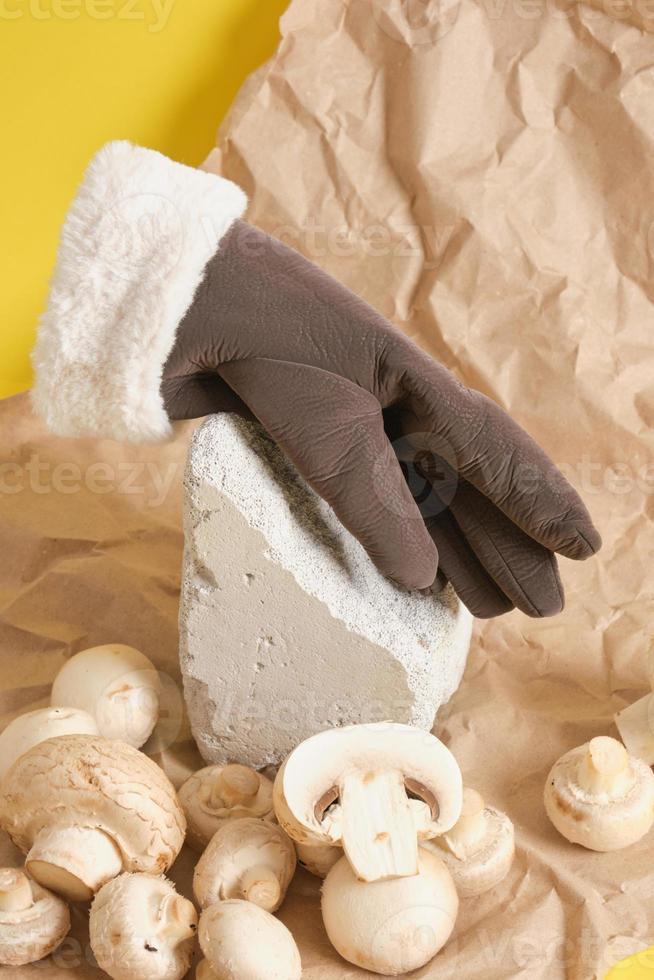 luvas e champignons em um fundo amarelo, conceito de couro vegano foto