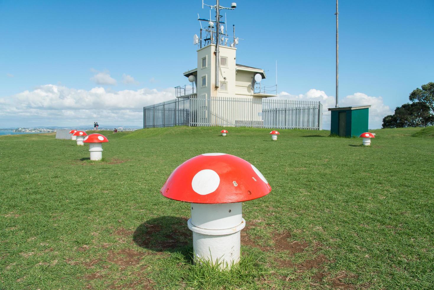 'cogumelos' no topo de takarunga ou monte victoria em devonport, que são na verdade aberturas para uma estação de bombeamento de água, ilha do norte, nova zelândia. foto