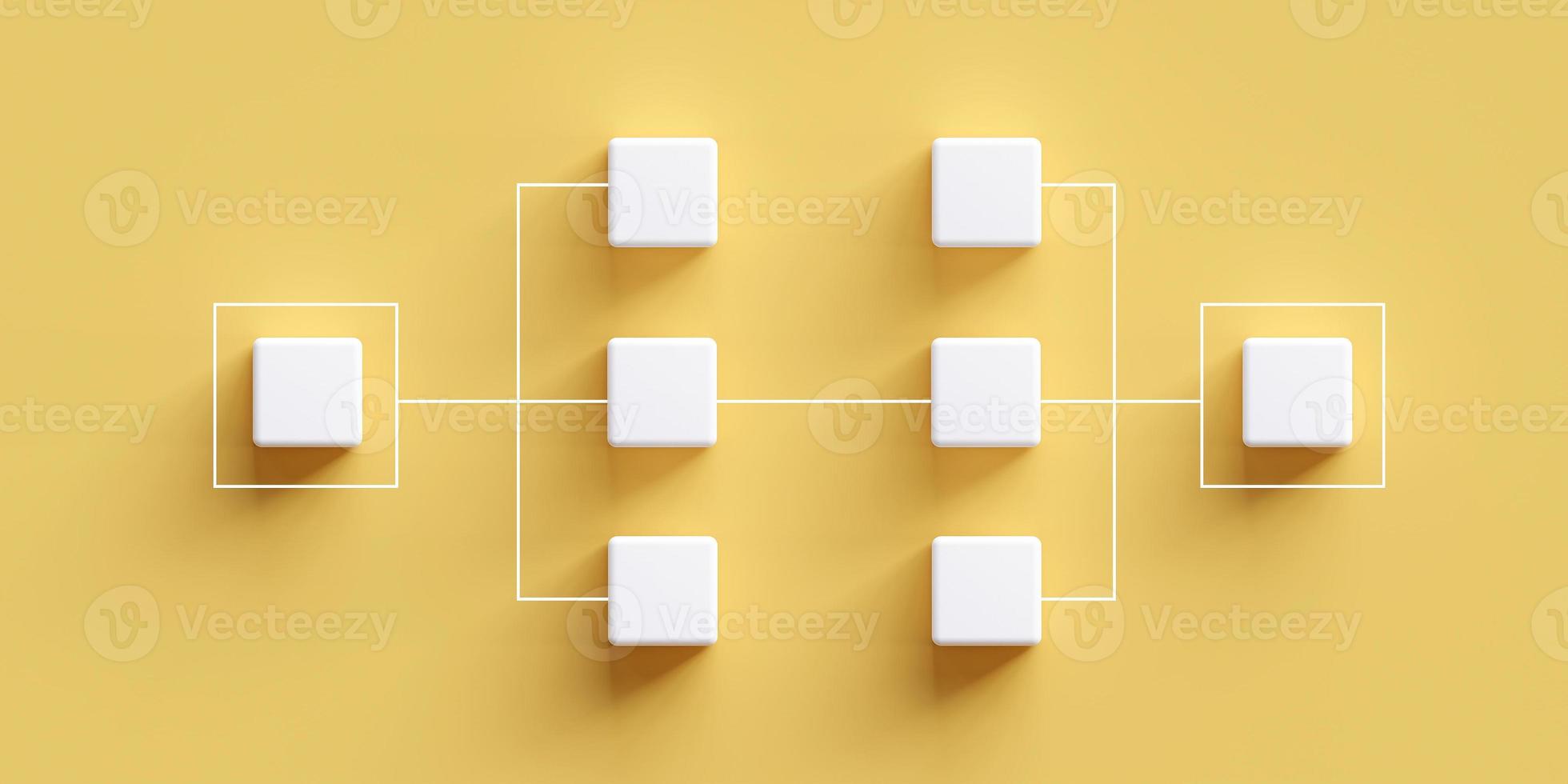 cubos brancos com linhas conectando diagramas em fundo amarelo. conceito de estrutura organizacional. gráfico de posição. gestão organizacional e gestão de recursos humanos. ilustração 3D foto