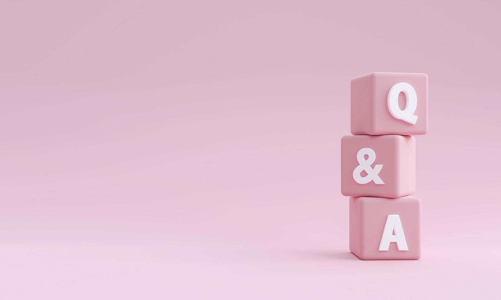 três cubos rosa com q e um fundo rosa com cópia. conceitos de perguntas frequentes, perguntas e respostas, frequência de perguntas, consultas, respostas, perguntas, atendimento ao cliente comercial e suporte. ilustração de renderização 3D foto