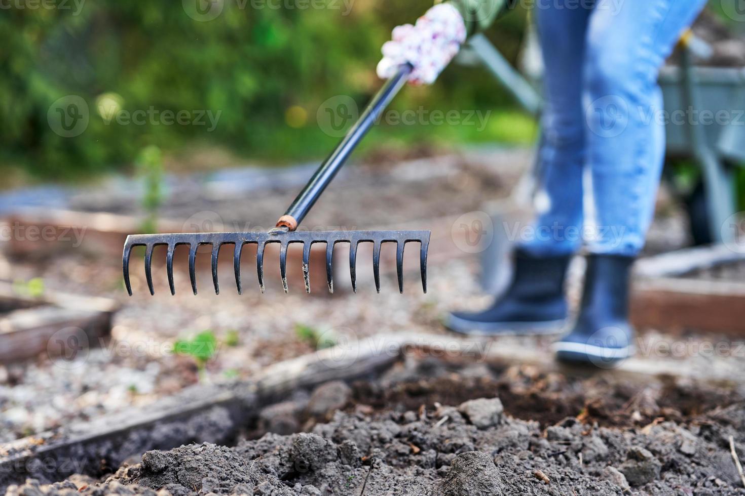 jovem mulher feliz com ferramentas de jardim trabalhando foto