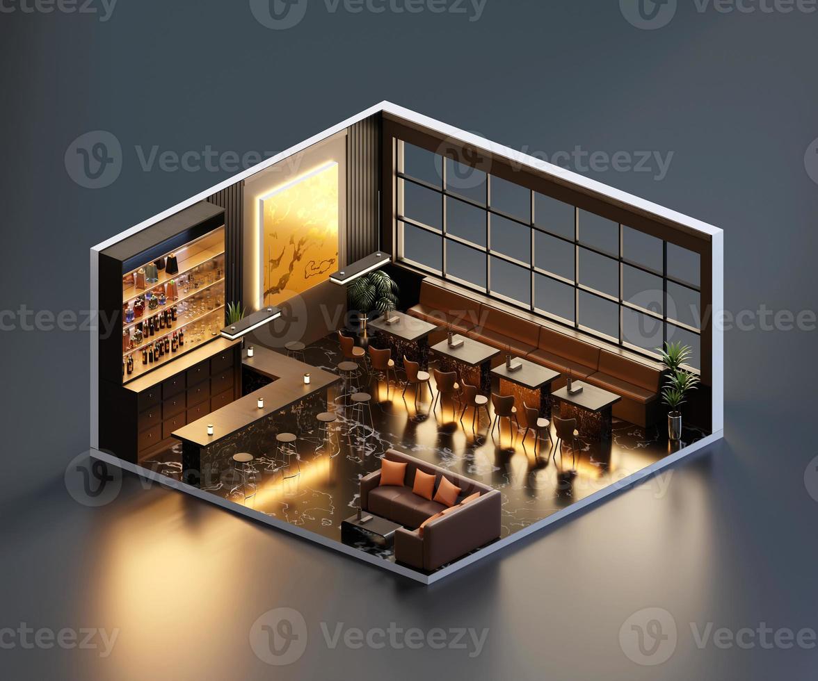 restaurante de vista isométrica aberto dentro da arquitetura de interiores, renderização em 3d. foto