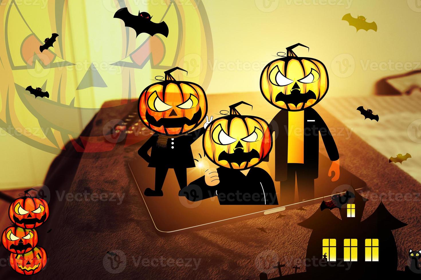 dia relaxante em casa com desenhos animados de halloween conceito de abóbora do diabo festival de halloween e atividades domésticas foto