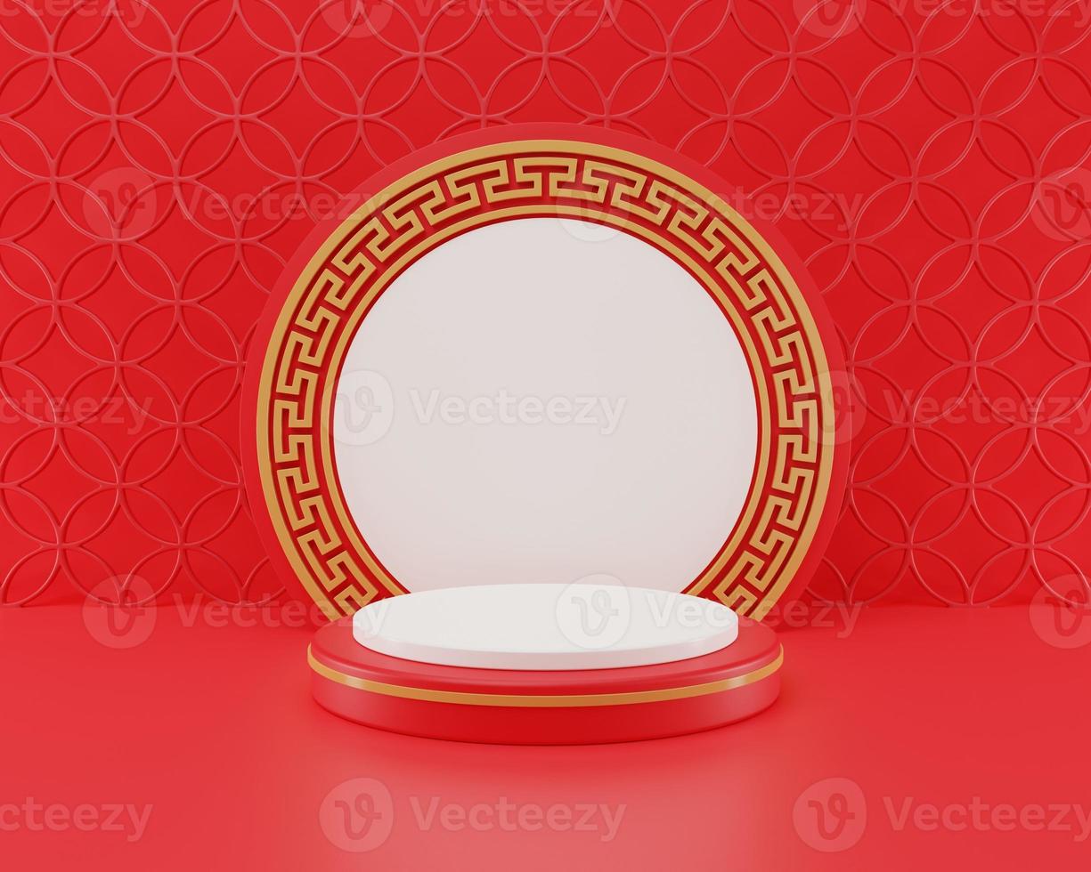ilustração de renderização 3D ano novo chinês mock up pódios de cilindro, festivais chineses, modelo de pedestal vazio para exibição de produtos decorados, fundo geométrico, conceito de carrinho de cosméticos, abstrato foto