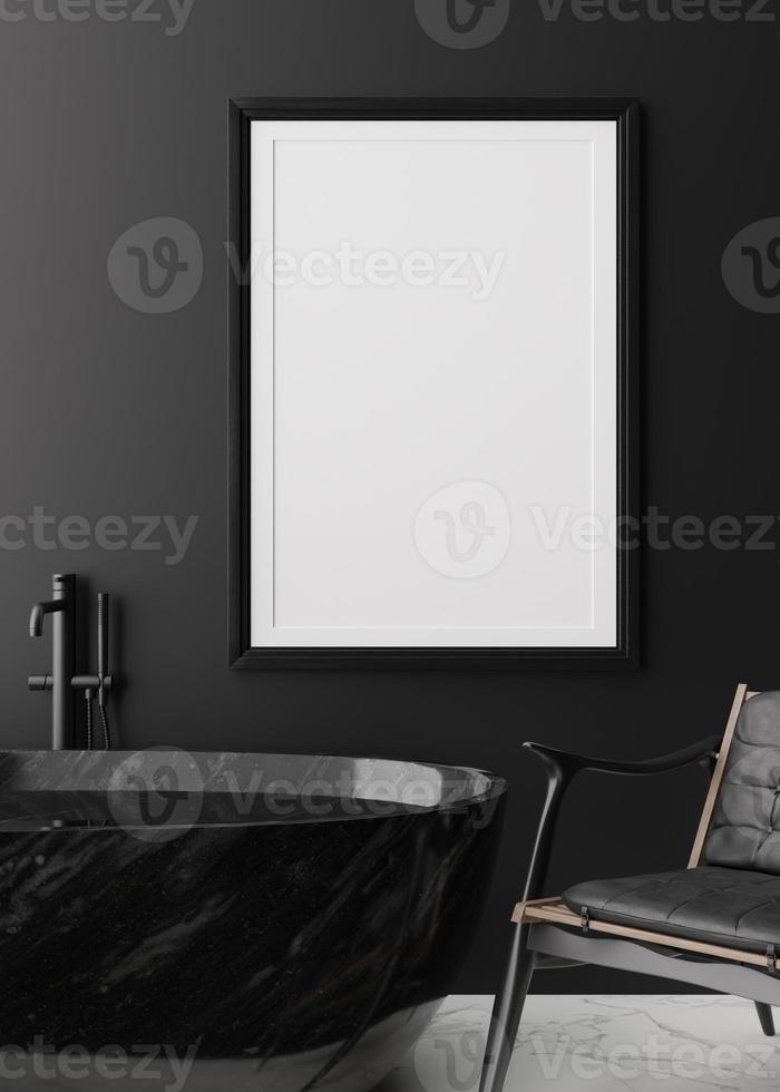 moldura vertical vazia na parede preta no banheiro moderno e luxuoso. mock up interior em estilo contemporâneo. espaço livre, copie o espaço para sua foto, cartaz. banho, poltrona de couro renderização em 3d. foto