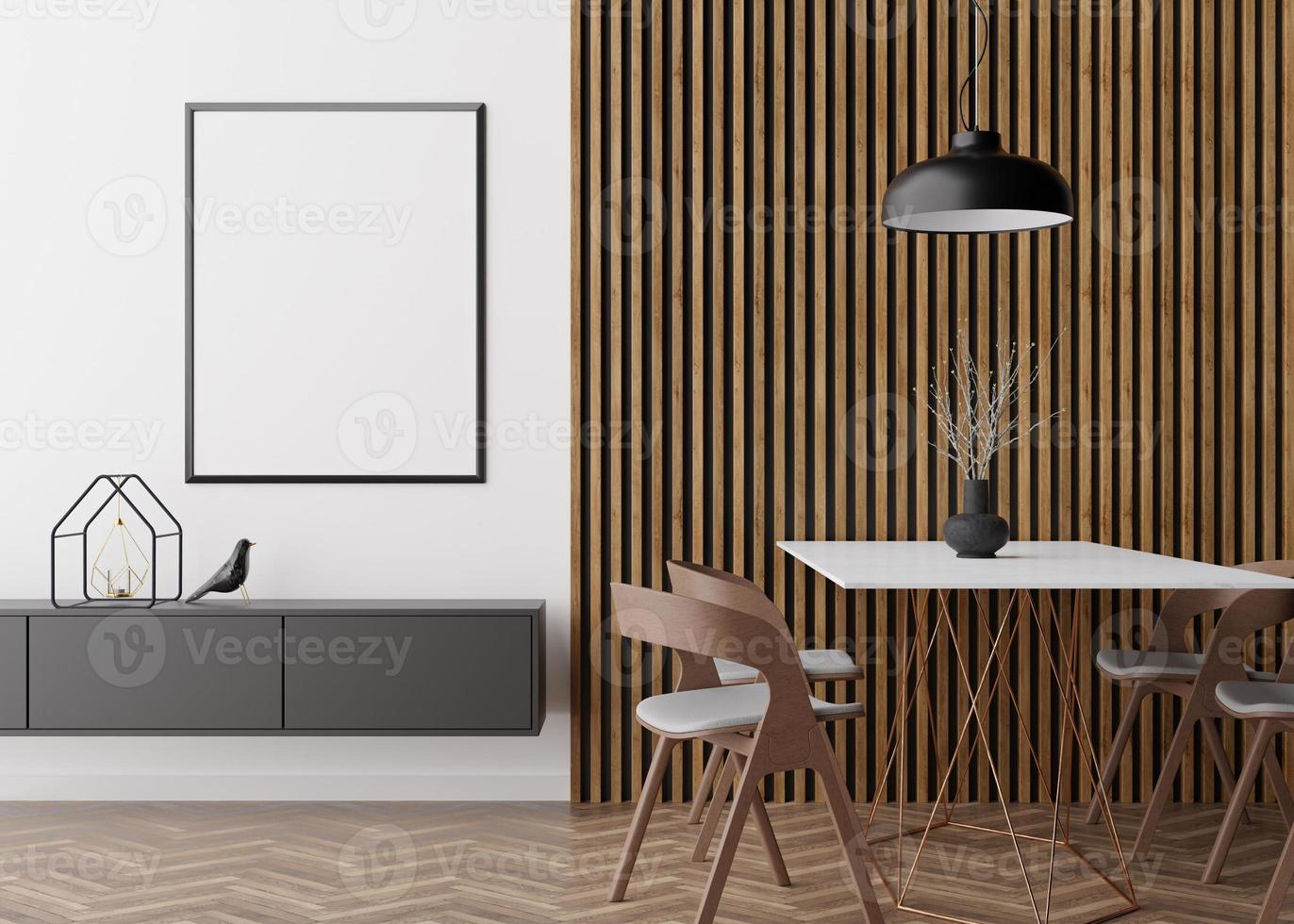 Moldura para retrato vertical vazia na parede branca na sala de jantar moderna. mock up interior em estilo minimalista e contemporâneo. espaço livre, copie o espaço para sua foto. mesa de jantar, cadeiras, lâmpada. renderização 3D. foto