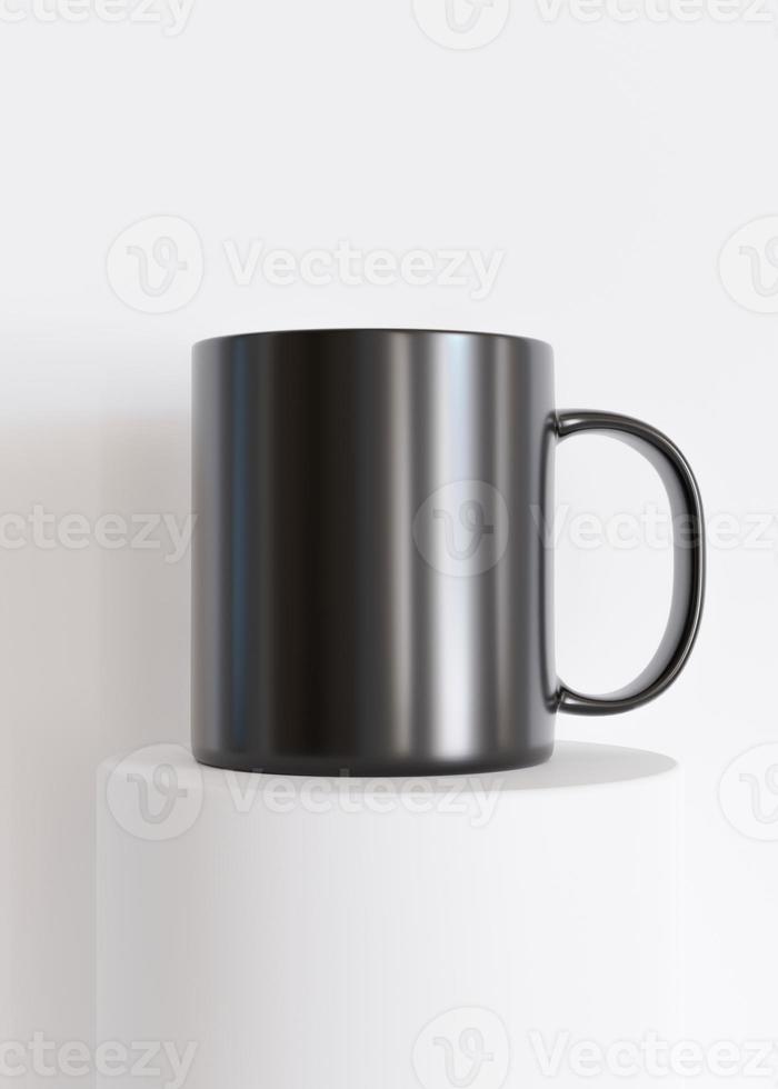 caneca preta simulada. modelo vertical em branco para seu design, publicidade, logotipo. visão de perto. copie o espaço. apresentação do copo no fundo branco. maquete de xícara de café minimalista. renderização 3D. foto
