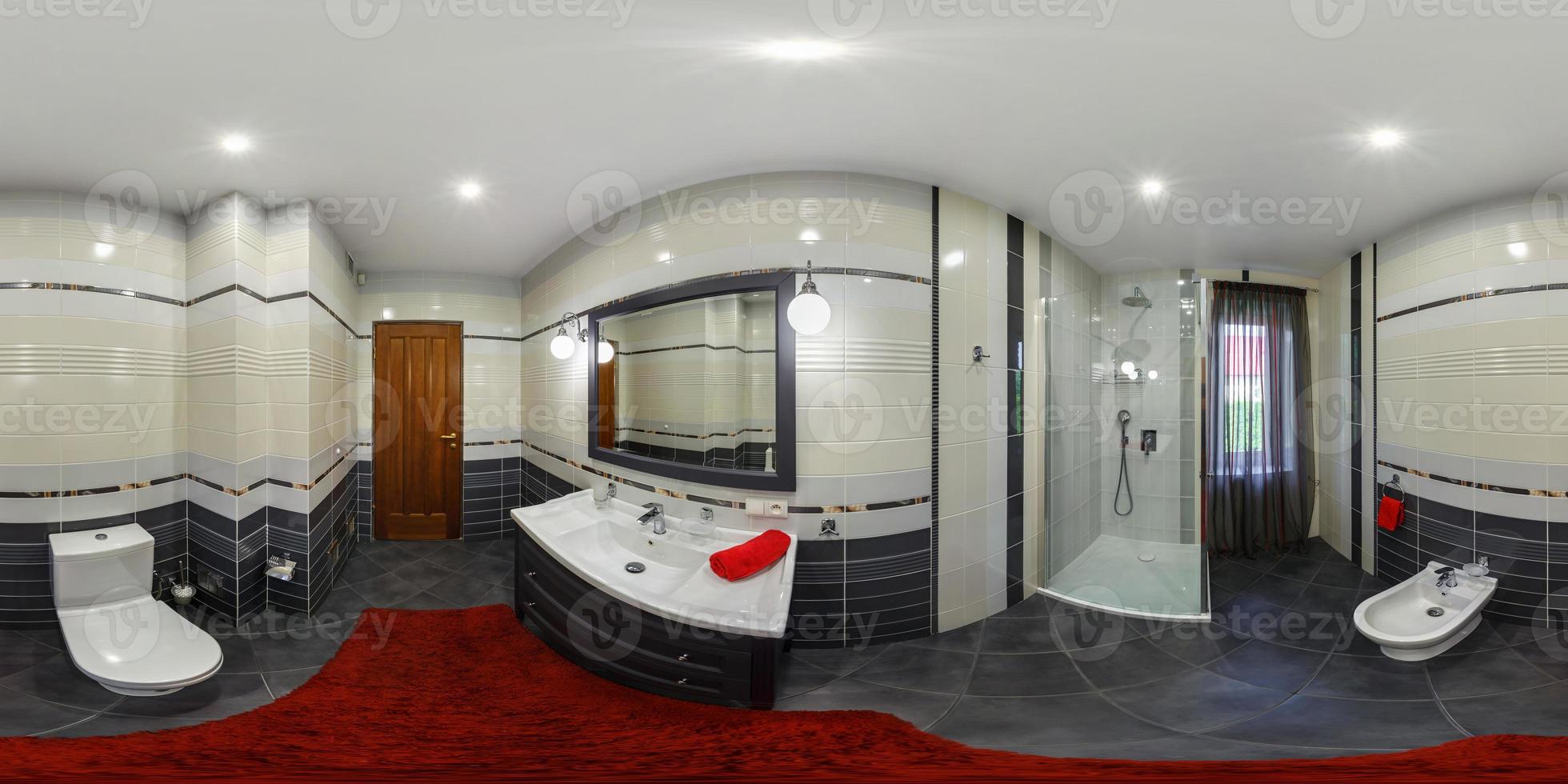 panorama hdri 360 sem costura no interior do banheiro caro em apartamentos modernos com bidê e lavatório em projeção equiretangular com zênite e nadir. conteúdo vr ar foto