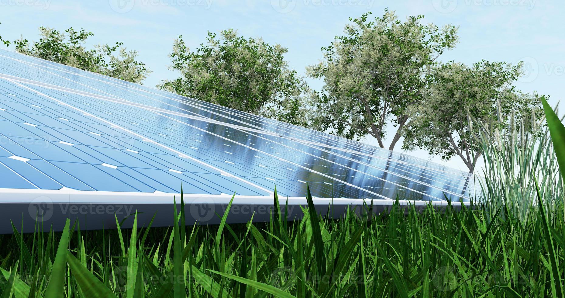 ilustração de renderização 3D, células solares, grade, painel azul, alternativa, conceito de energia de natureza verde limpa. Proteção Ambiental foto