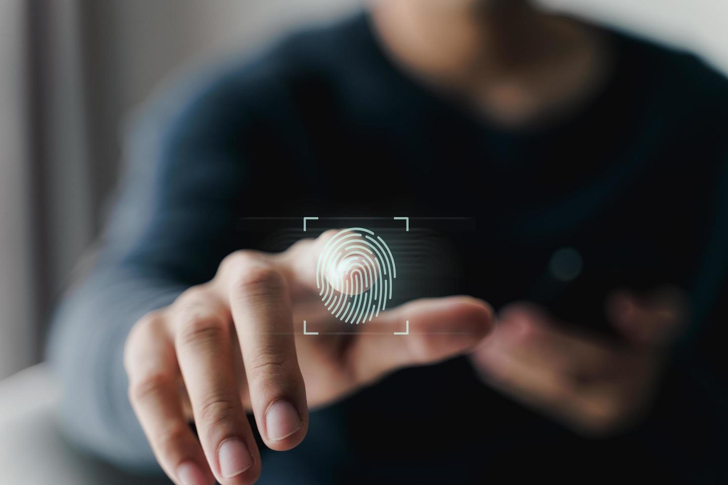 digitalização de impressões digitais e autenticação biométrica, segurança cibernética e senha de impressão digital, tecnologia futura e cibernética. foto