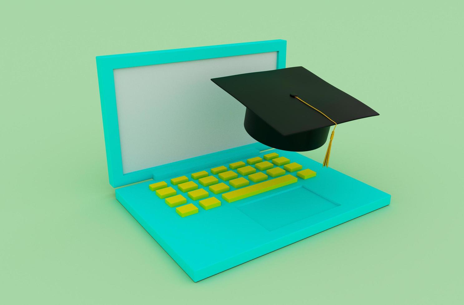 Chapéu de boné de formatura on-line de ilustração 3D com borla, capelo de ícone com laptop foto