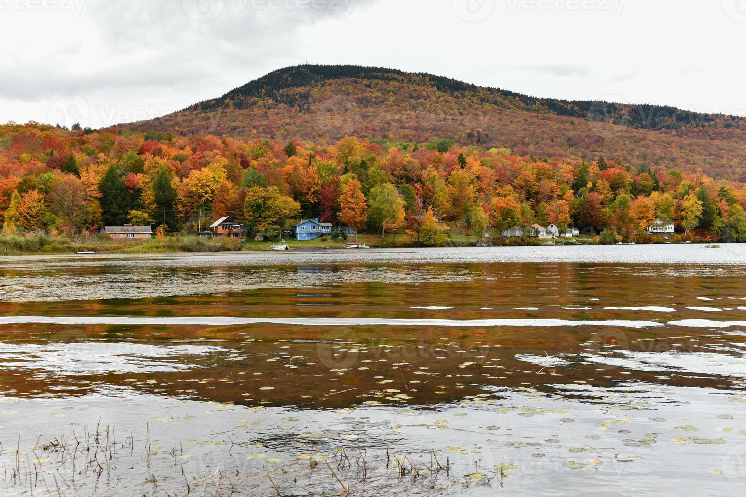vista para a parte do estado do lago elmore com belas folhagens de outono e reflexos de água em elmore, vermont, eua foto