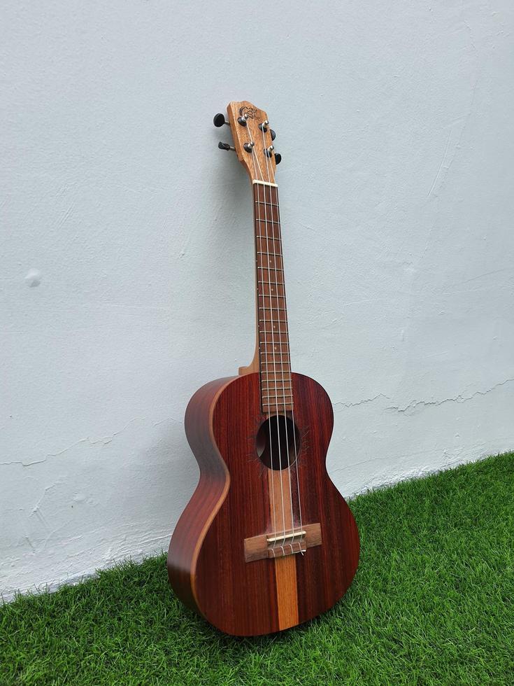 jacarta, indonésia em abril de 2022. este ukulele marrom escuro da marca my leho tem boa qualidade e um som alto e melodioso foto