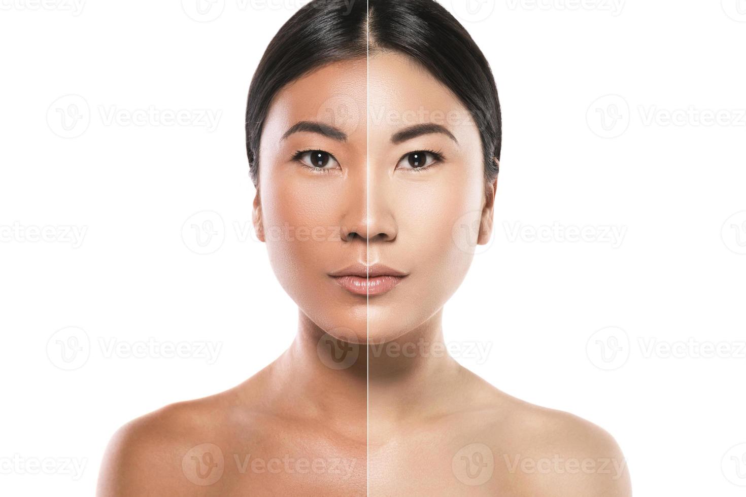 diferença no brilho da pele. conceito de clareamento facial ou proteção solar. foto