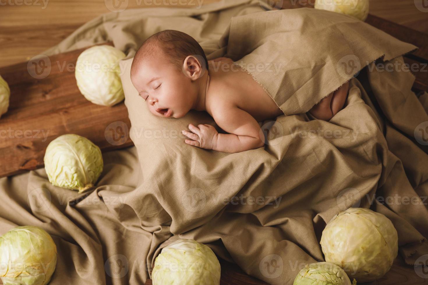 bebezinho está deitado na caixa com muitos repolhos ao redor foto