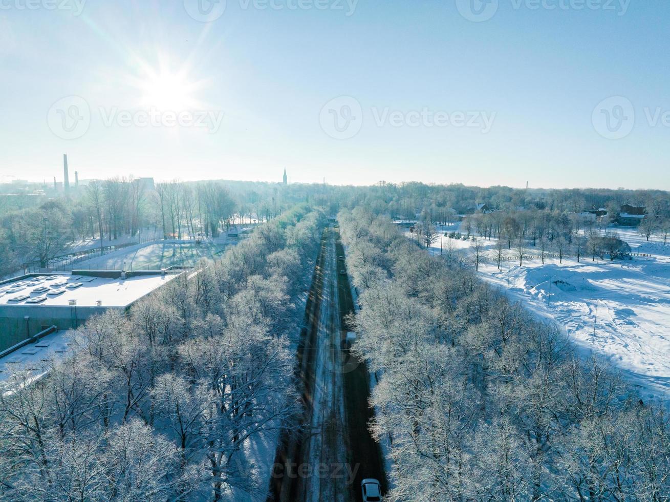 temporada mágica de inverno. caminho de neve pela floresta de inverno em um dia ensolarado. foto