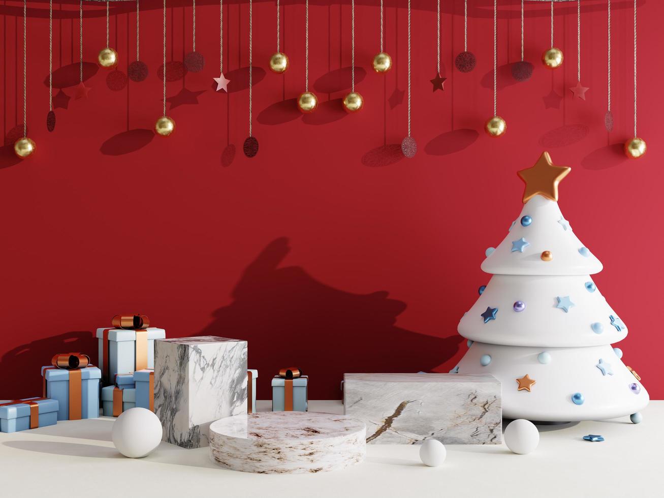 fundo de venda de natal com caixa de presente de natal e pódio de palco para exibição de produto renderização em 3d foto
