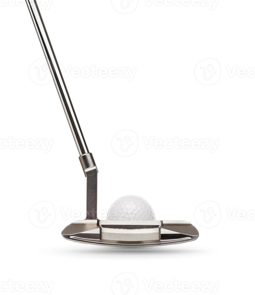 parte traseira do taco de golfe com bola de golfe isolada em um fundo branco foto