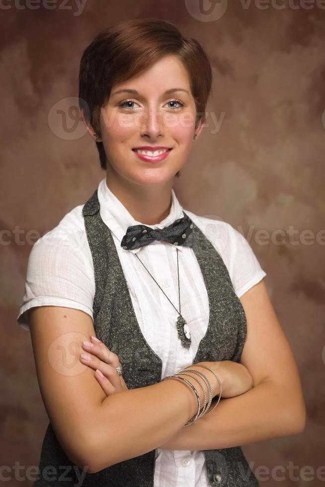 retrato feminino jovem adulto sorridente de cabelos ruivos atraente foto
