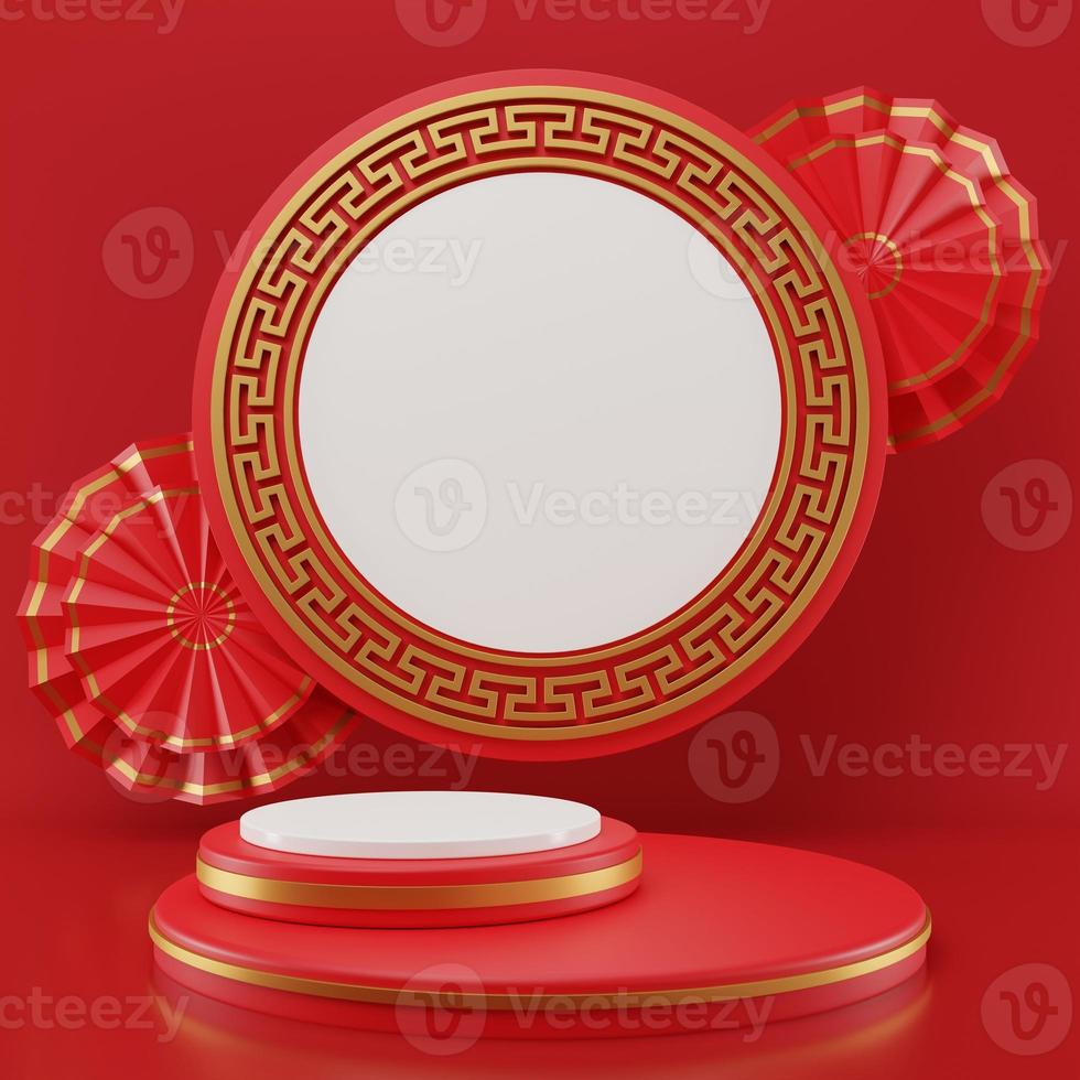 ilustração de renderização 3D ano novo chinês mock up pódios de cilindro, festivais chineses, modelo de pedestal vazio para exibição de produtos decorados, fundo geométrico, conceito de carrinho de cosméticos, abstrato foto