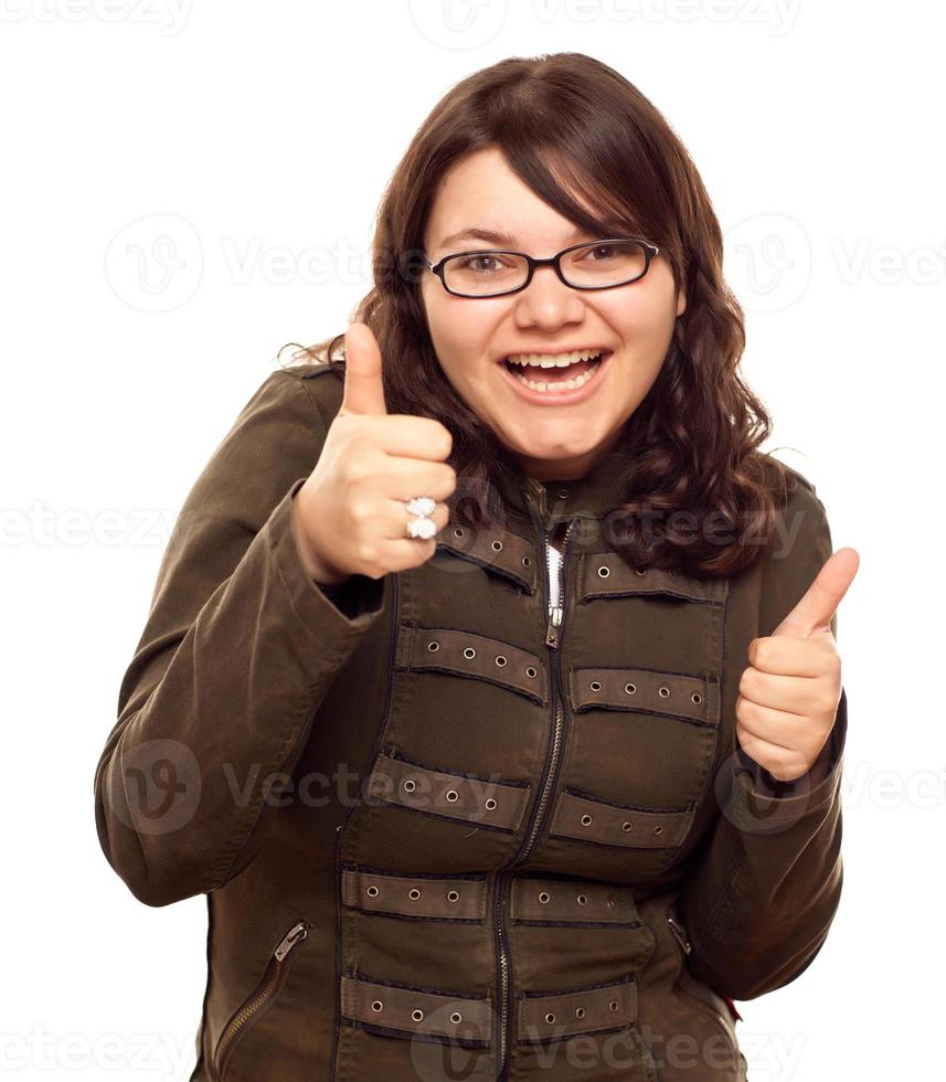 excitada jovem mulher caucasiana com polegares para cima foto