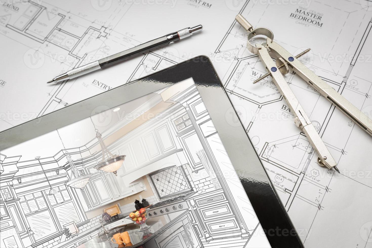 tablet de computador mostrando ilustração de cozinha em plantas de casas, lápis, bússola foto