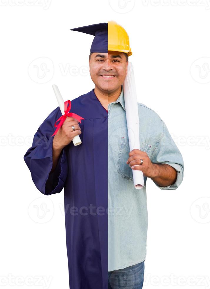 graduado hispânico masculino de tela dividida em boné e vestido para engenheiro no conceito de capacete foto