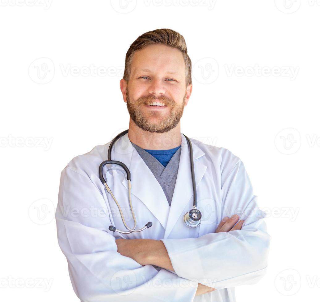bonito jovem adulto médico masculino com barba isolada em um fundo branco foto