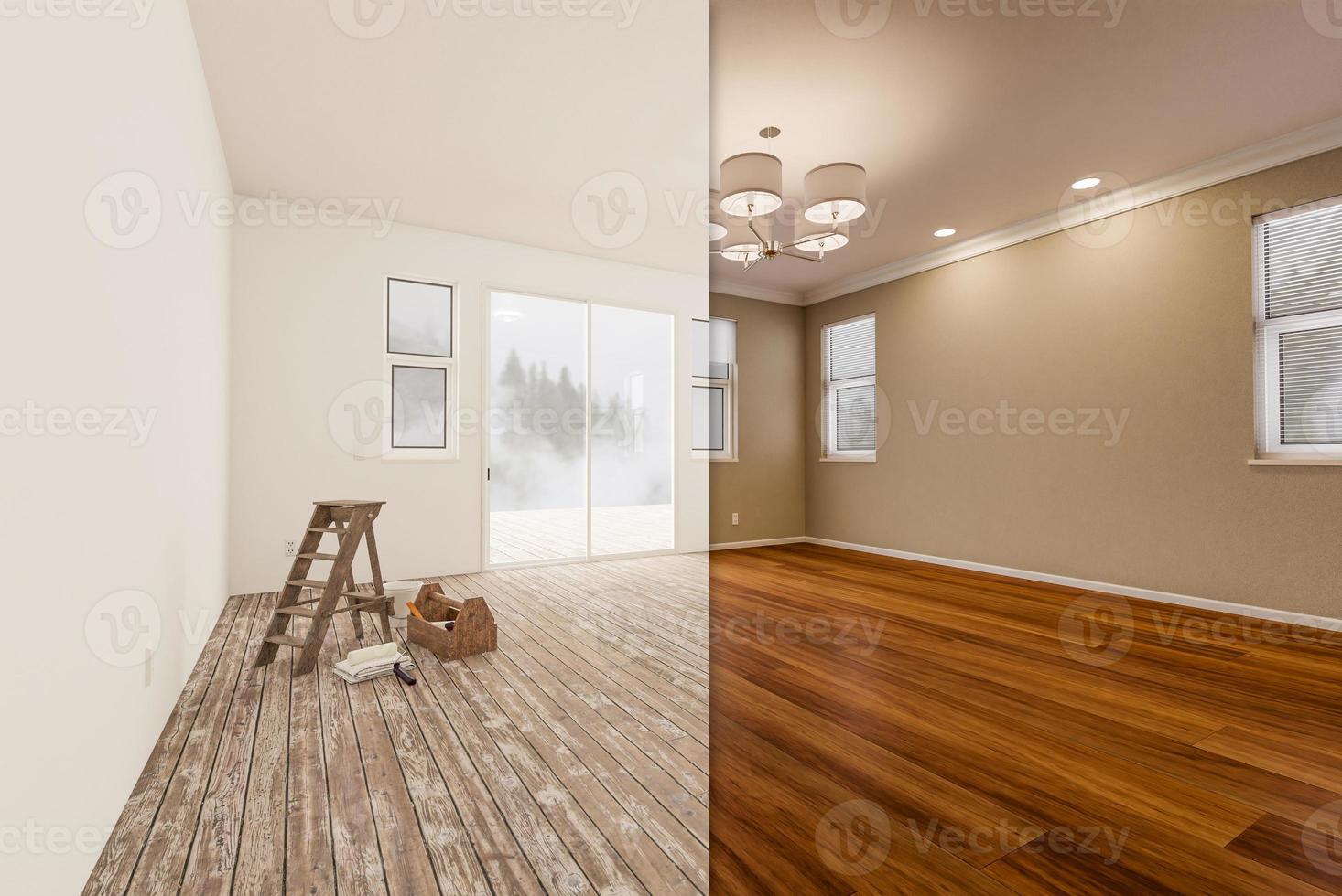 sala de casa inacabada e recentemente remodelada antes e depois com pisos de madeira, molduras, tinta bege e luzes de teto. foto
