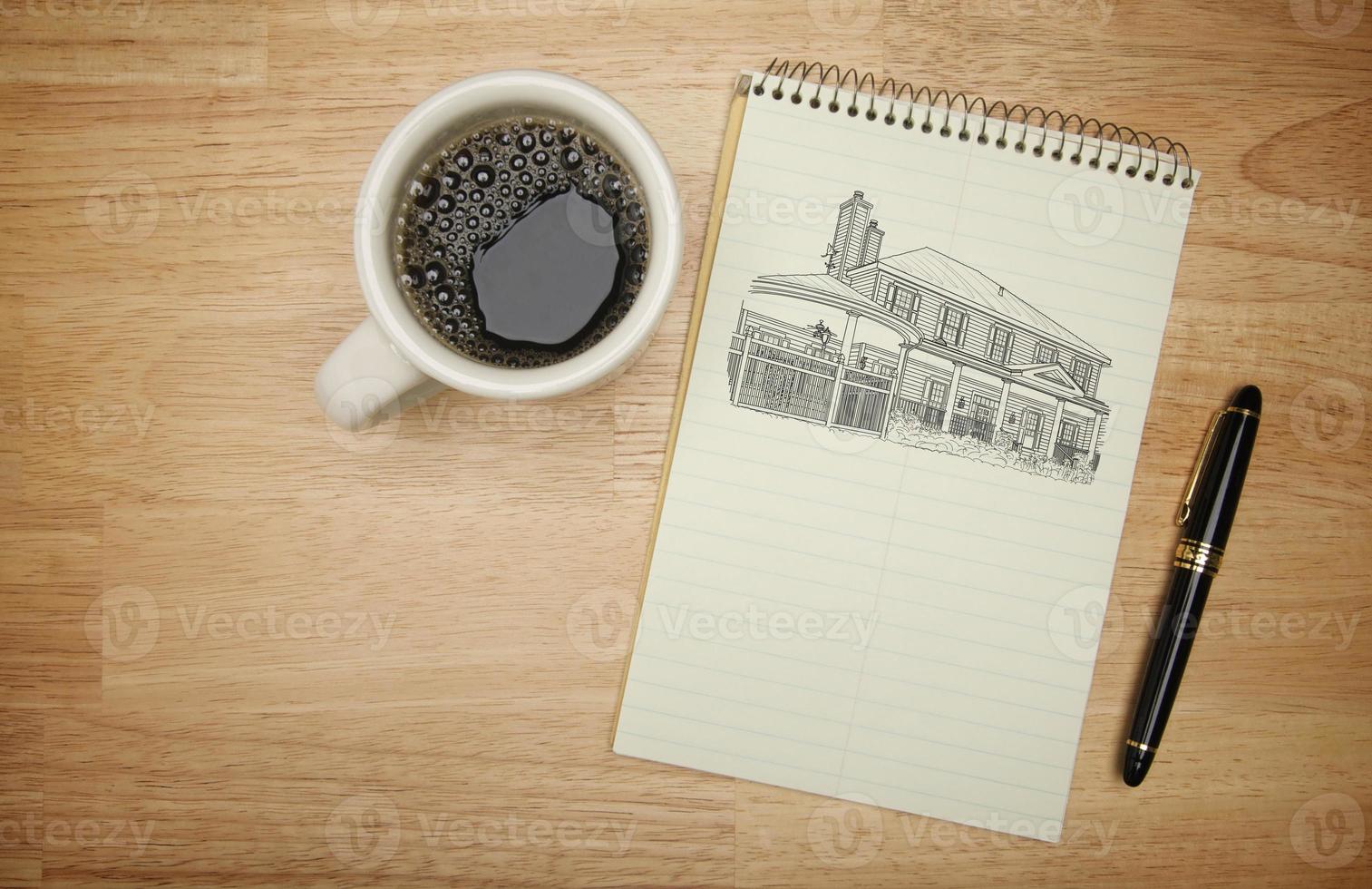 bloco de papel com desenho de casa, caneta e café foto