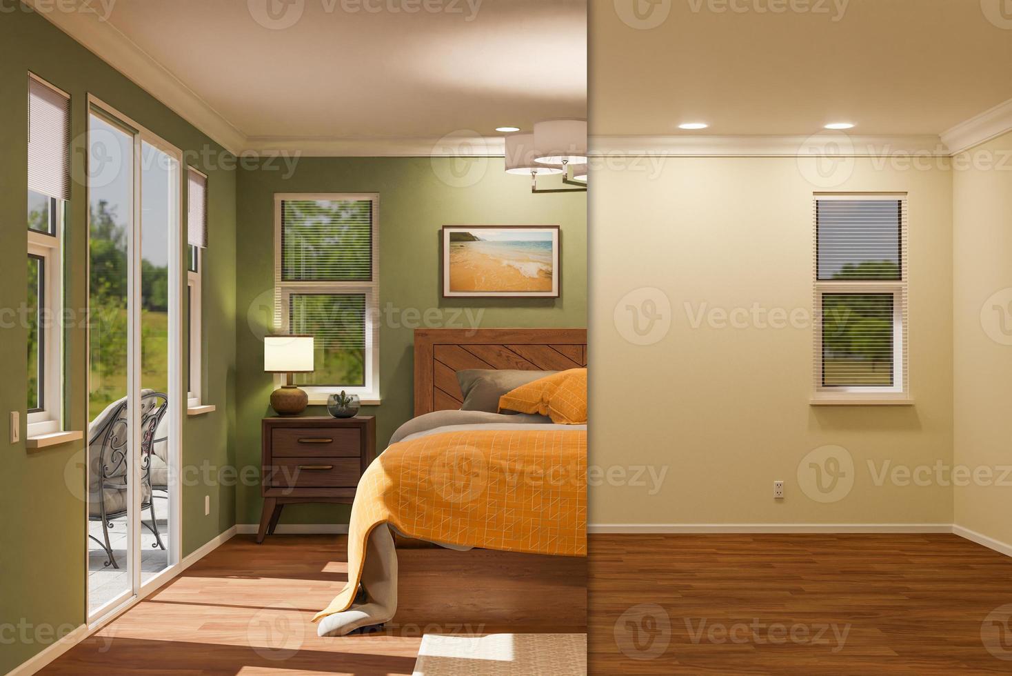 Ilustração 3D lado a lado antes e depois do quarto vazio e do quarto totalmente mobiliado. foto