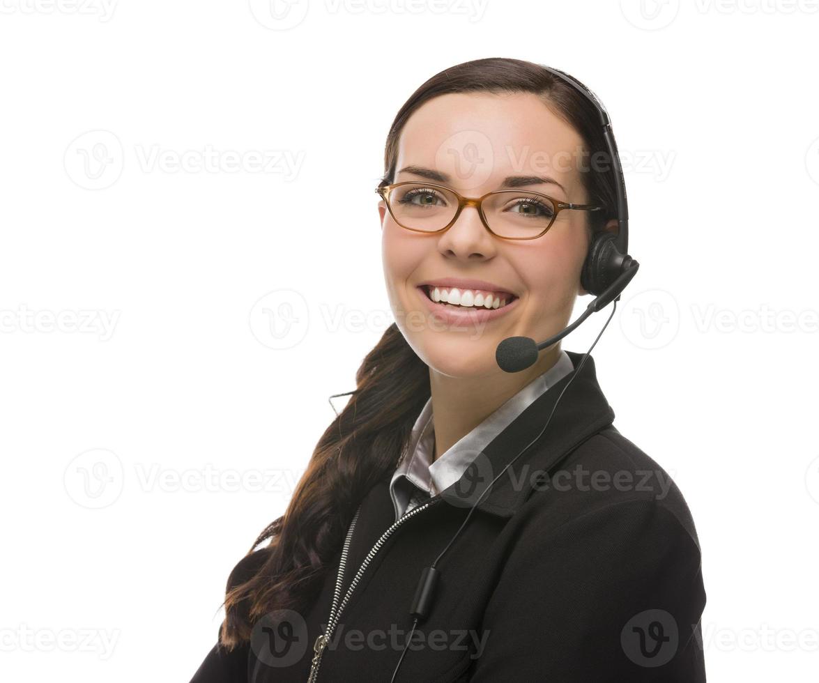recepcionista amigável de raça mista usando fone de ouvido foto
