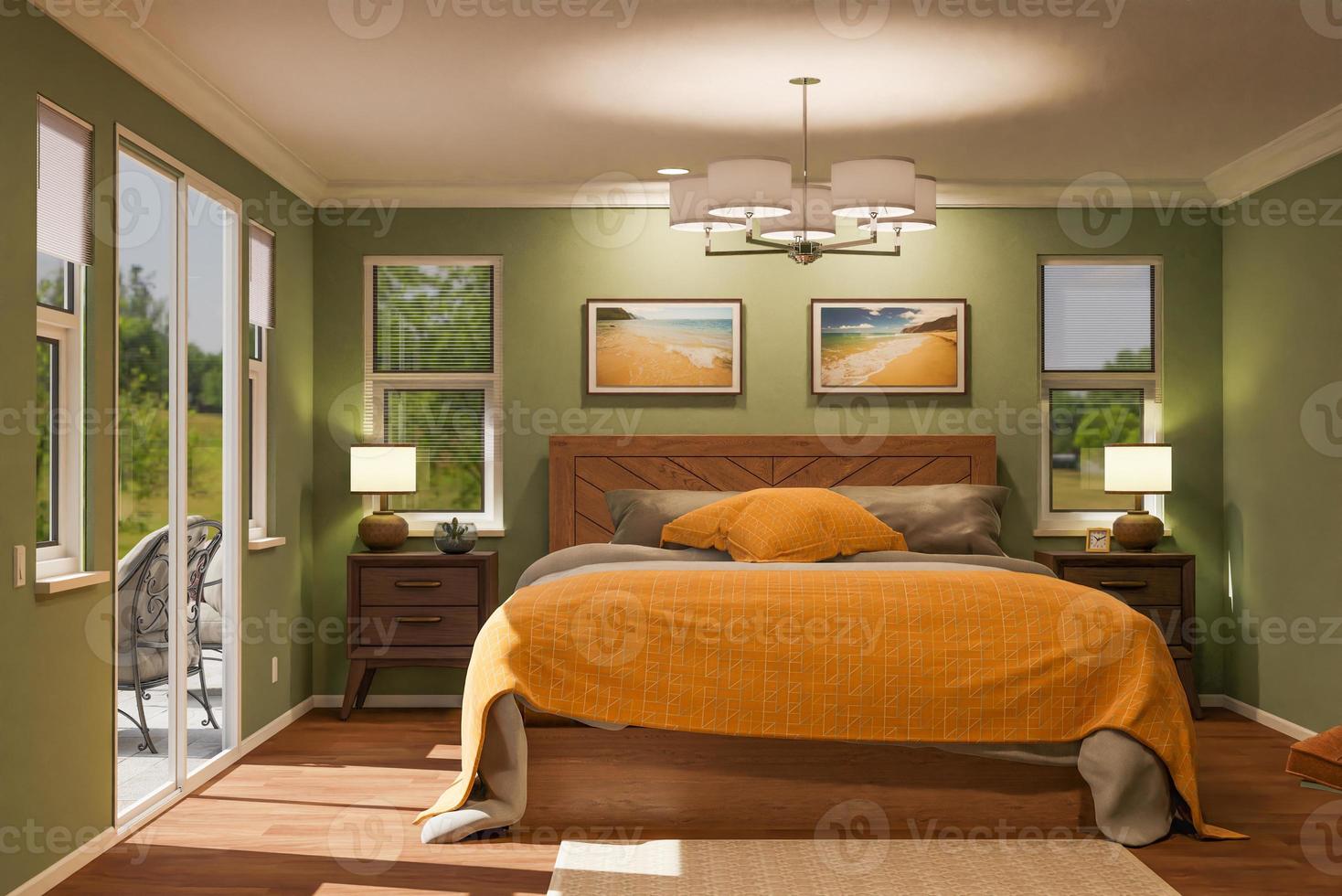 Ilustração 3D interior do quarto principal totalmente mobiliado com cama, cadeira, mesas de cabeceira e pisos de madeira. foto