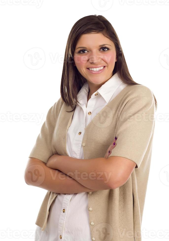 retrato feminino étnico muito sorridente em branco foto