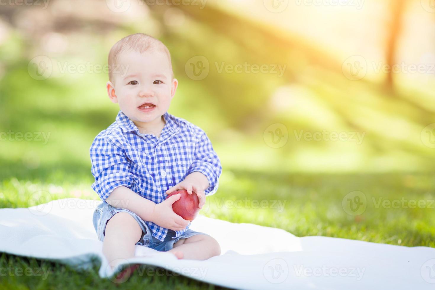 bebê infantil de raça mista sentado no cobertor segurando a maçã lá fora no parque foto